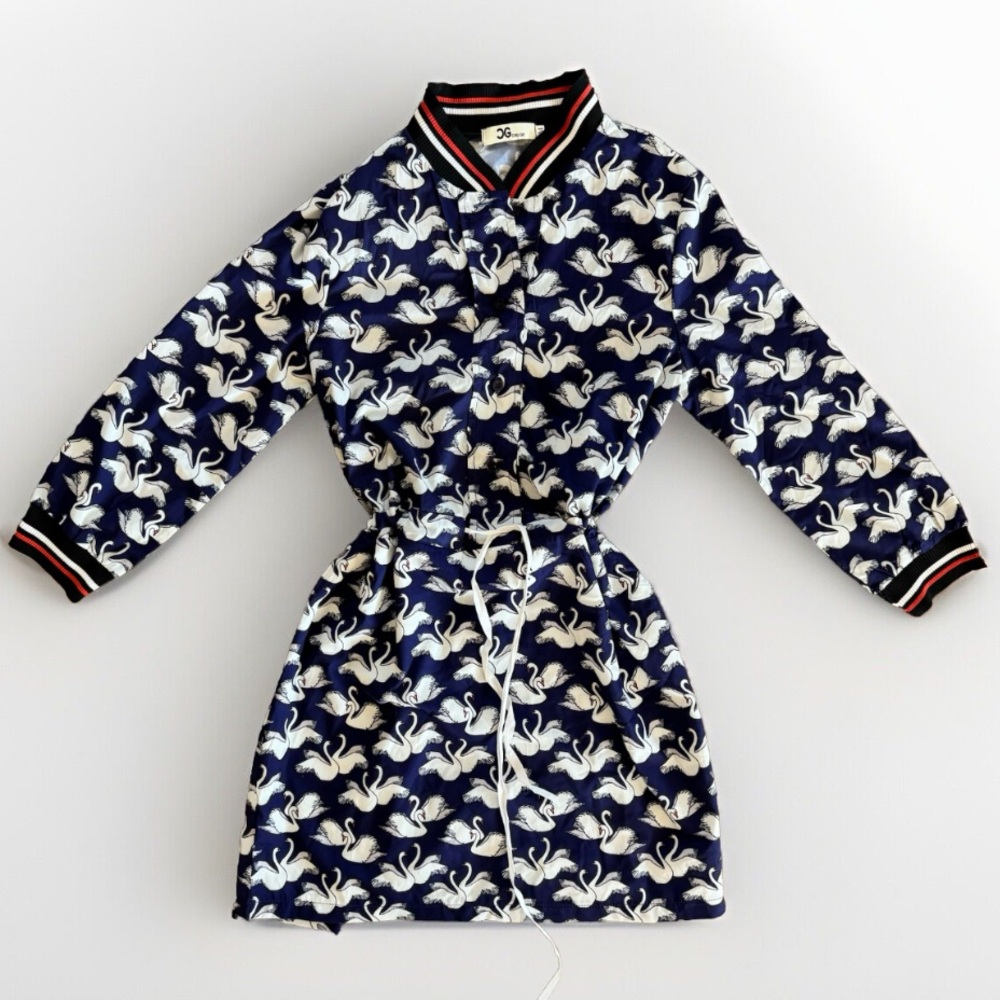 Swan Print Blue And White Dress Long Sleeve With Black And Red Accent Size M